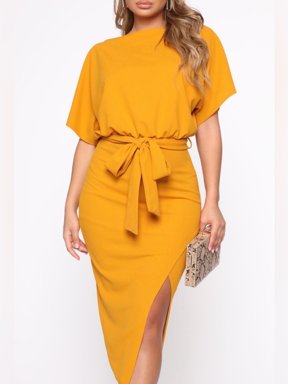 FN Mustard Yellow Tie-Waist Midi Dress